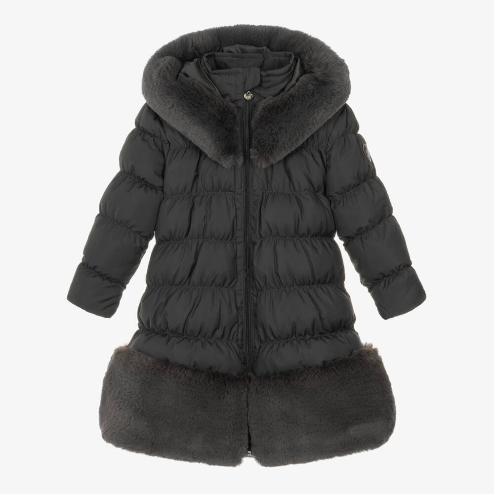 A Dee-Girls Grey Hooded Puffer Coat with Faux Fur Trim | Childrensalon
