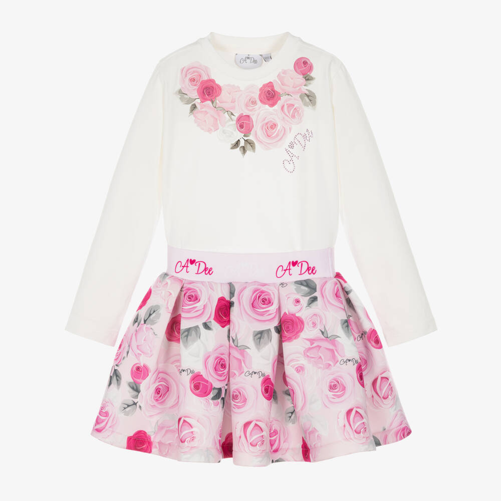 A Dee-Girls Ivory & Pink Rose Print Skirt Set | Childrensalon