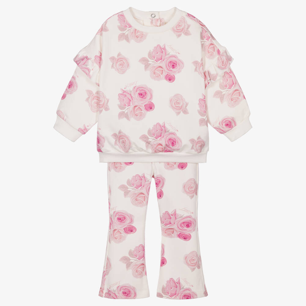 A Dee-Girls Ivory & Pink Rose Print Tracksuit | Childrensalon