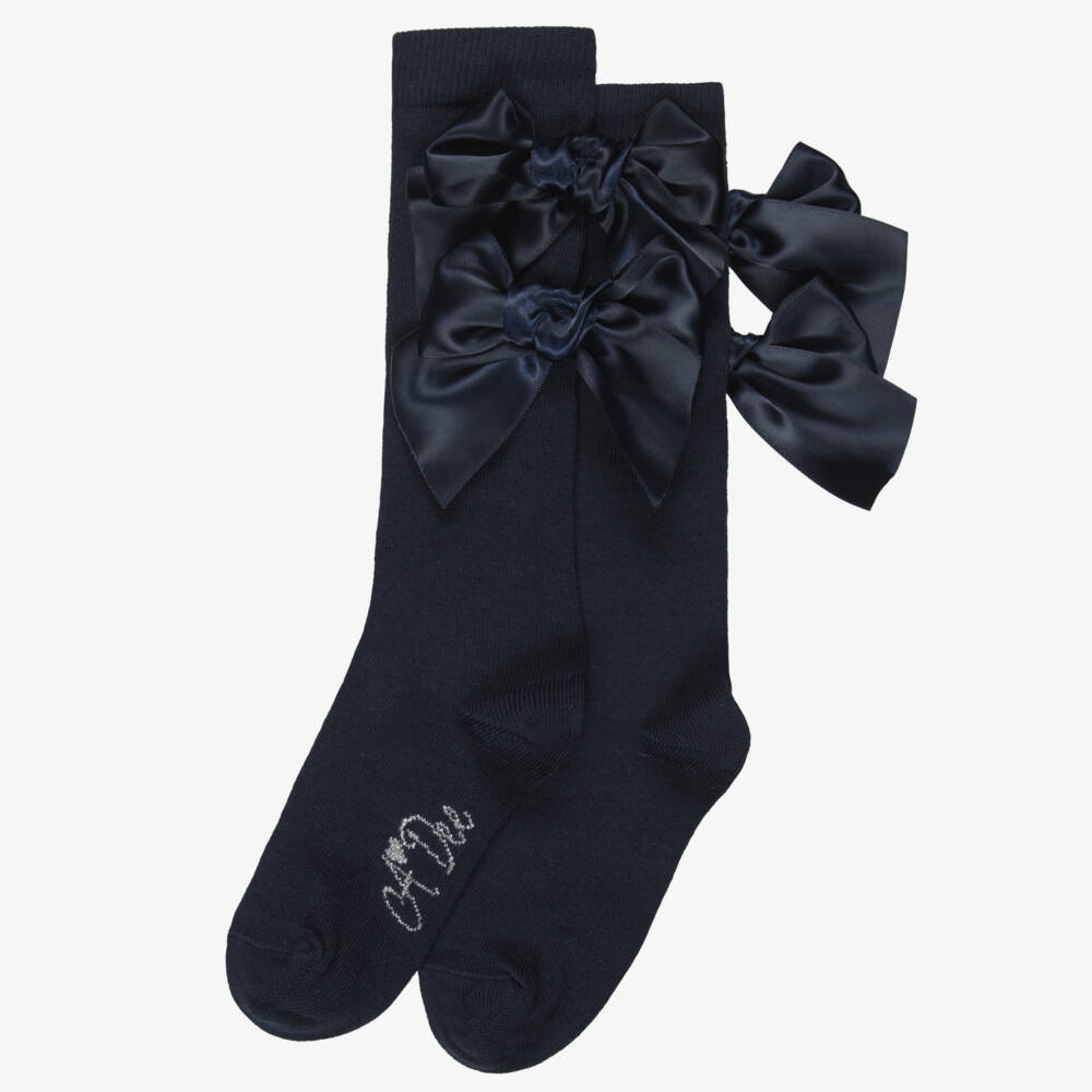 A Dee-Girls Navy Blue Knee-High Socks with Bows | Childrensalon