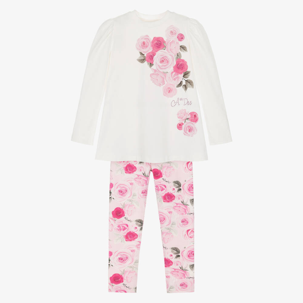 A Dee-Girls White & Pink Rose Leggings Set | Childrensalon