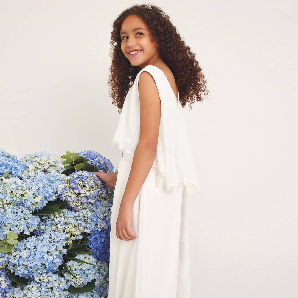 Amaya-Girls Ivory Chiffon Jumpsuit with Lace Belt | Childrensalon