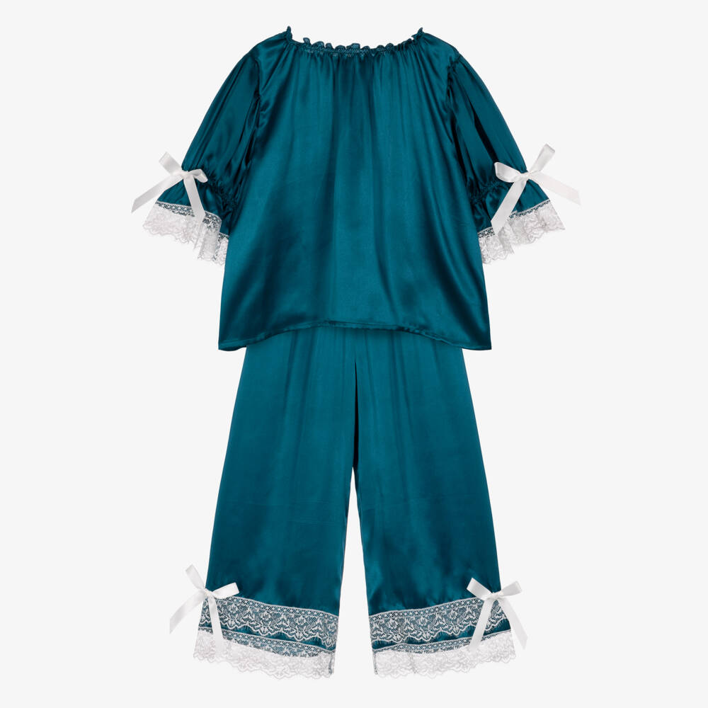 AMIKI Children-Girls Blue Silk Pyjamas with Lace Trims | Childrensalon