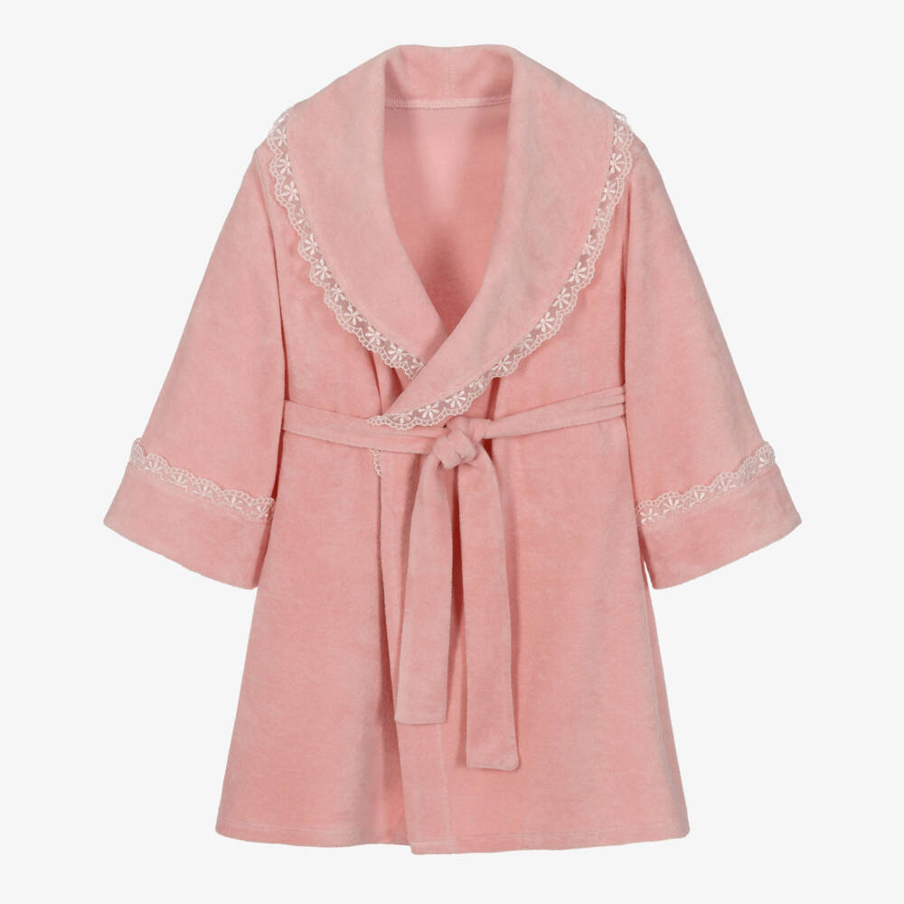 AMIKI Children-Girls Pink Towelling Dressing Gown with Lace Trims | Childrensalon