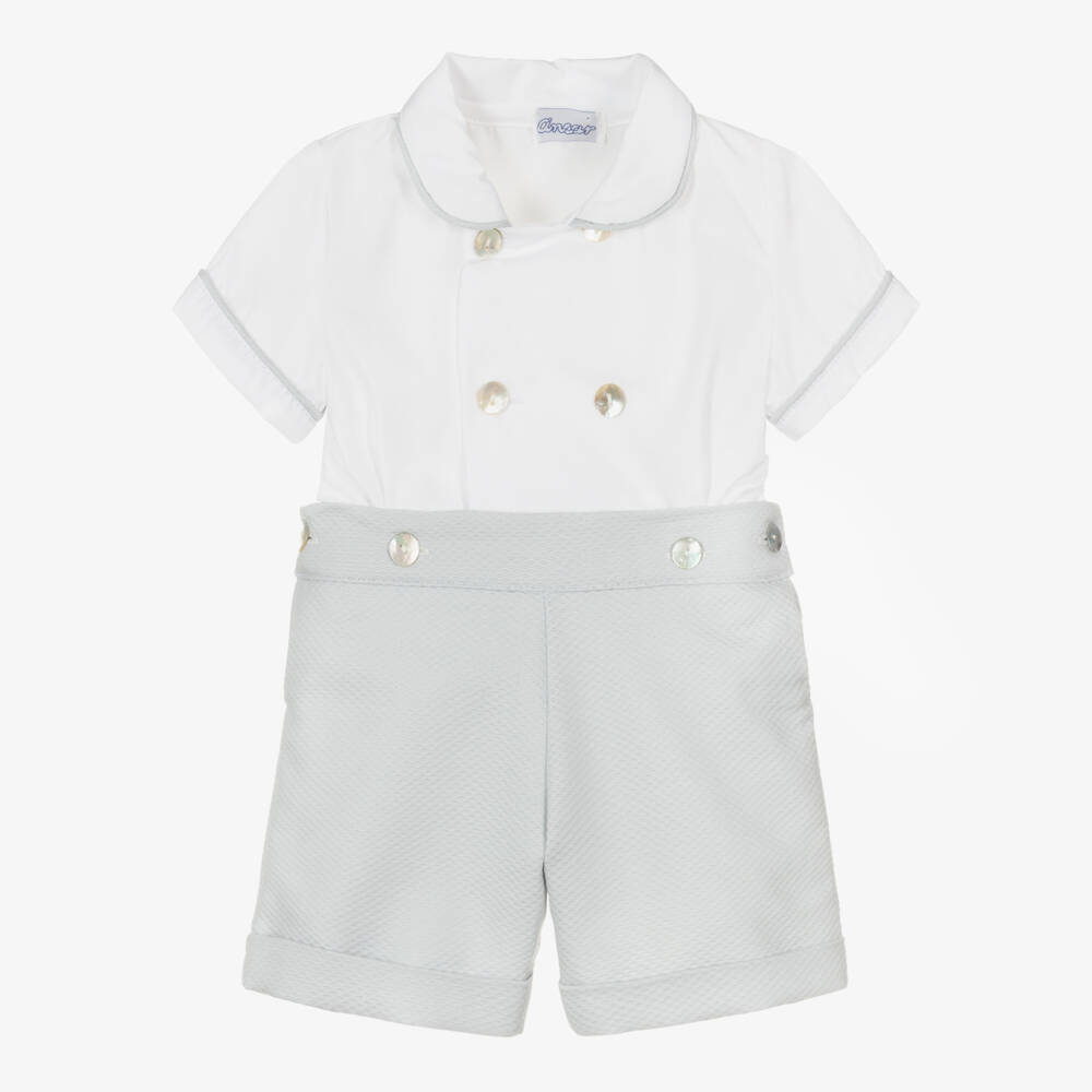 Ancar-Boys Grey & White Cotton Buster Suit | Childrensalon