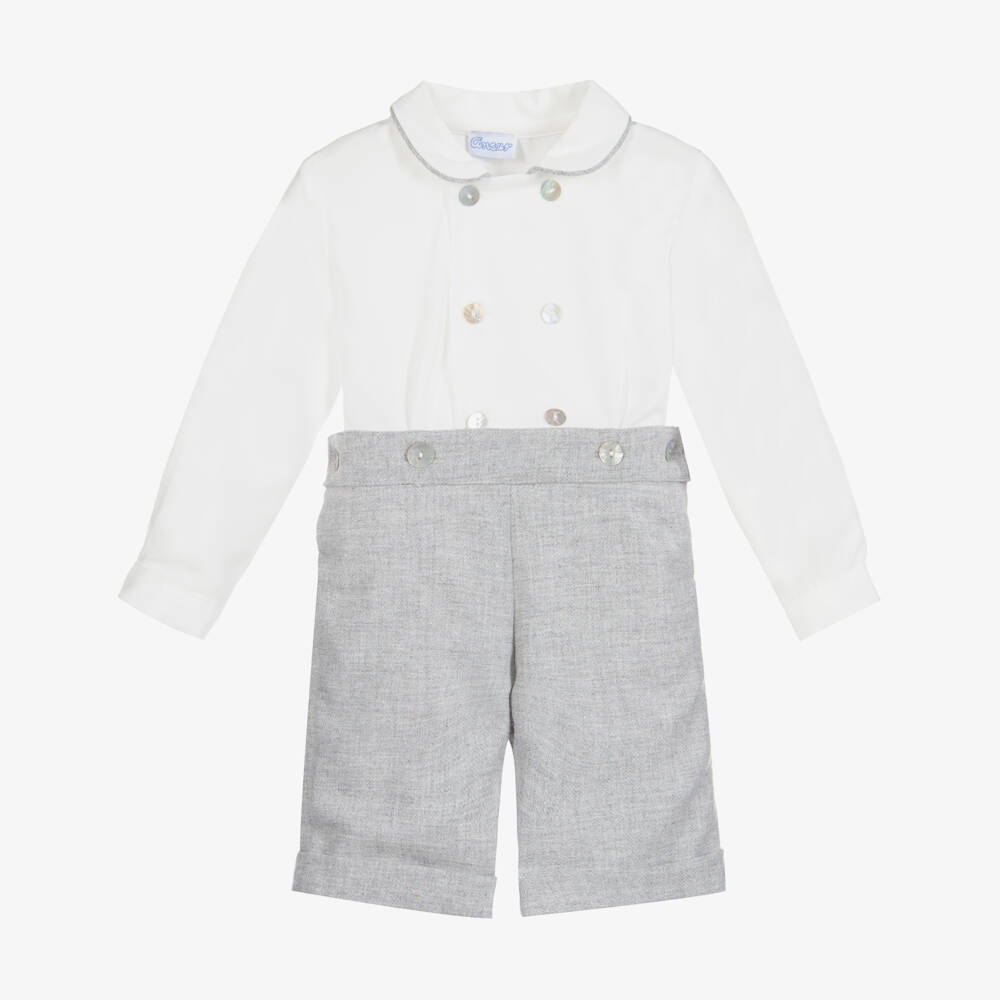 Ancar-Boys Grey & White Cotton & Wool Buster Suit | Childrensalon