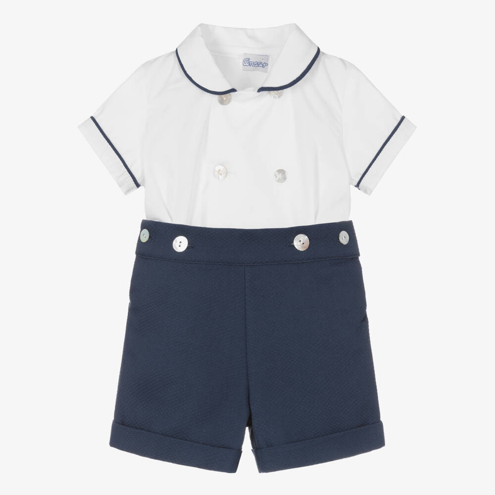 Ancar-Boys Navy Blue & White Cotton Buster Suit | Childrensalon
