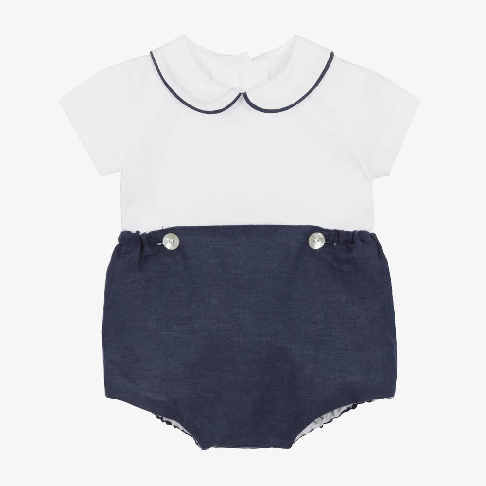 Ancar-Boys Navy Blue & White Cotton Buster Suit | Childrensalon