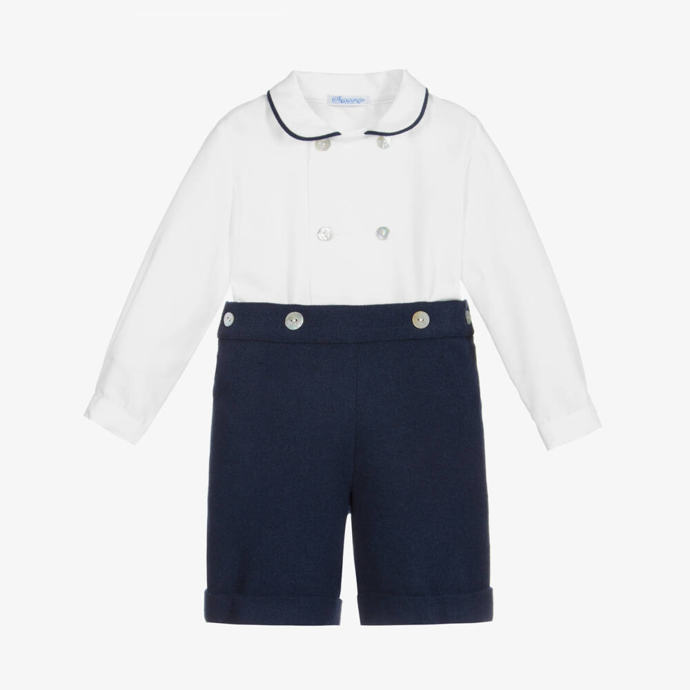 Ancar-Boys Navy Blue & White Cotton & Wool Buster Suit | Childrensalon
