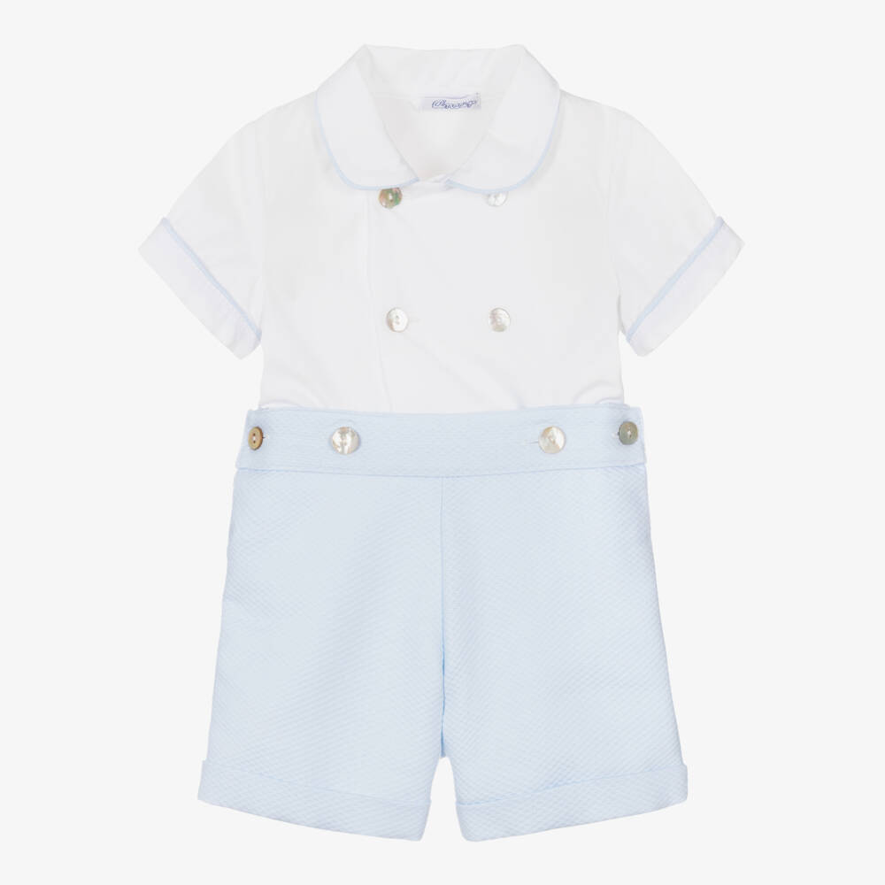 Ancar-Boys Pale Blue & White Cotton Buster Suit | Childrensalon