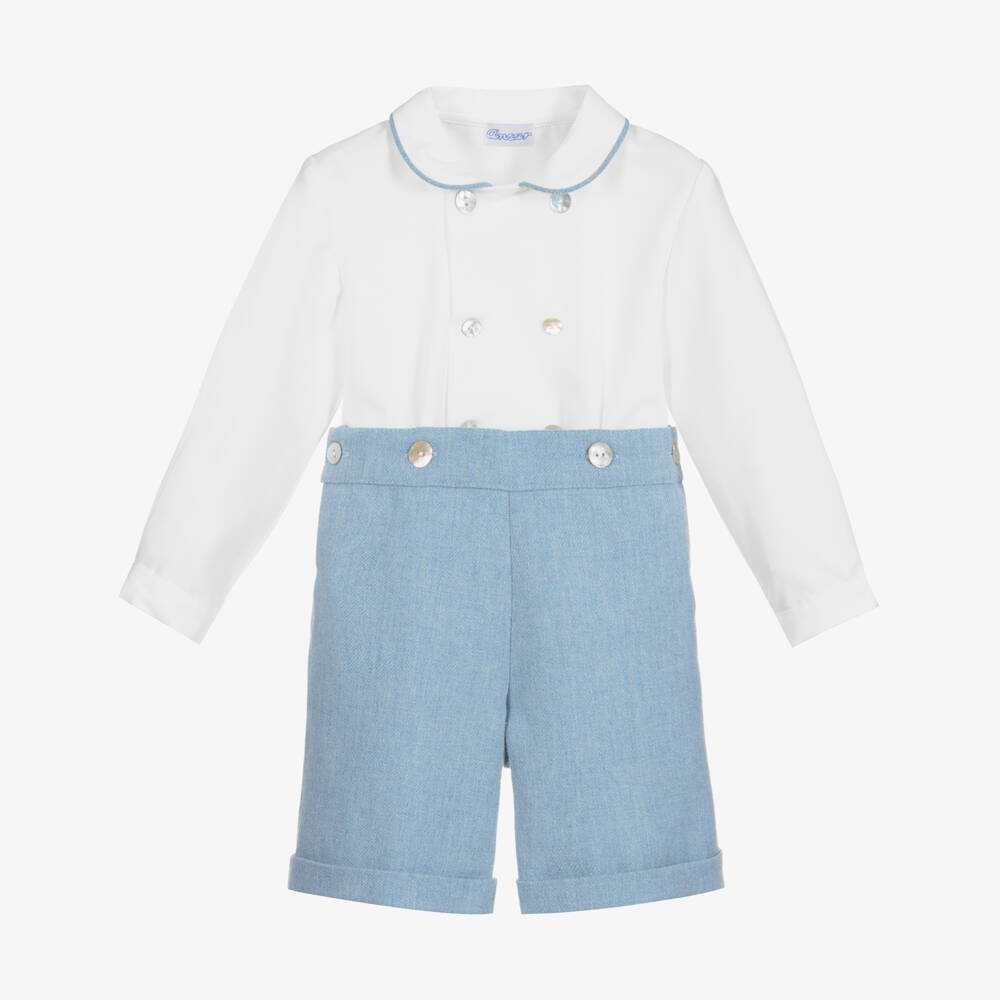 Ancar-Boys Pale Blue & White Cotton & Wool Buster Suit | Childrensalon