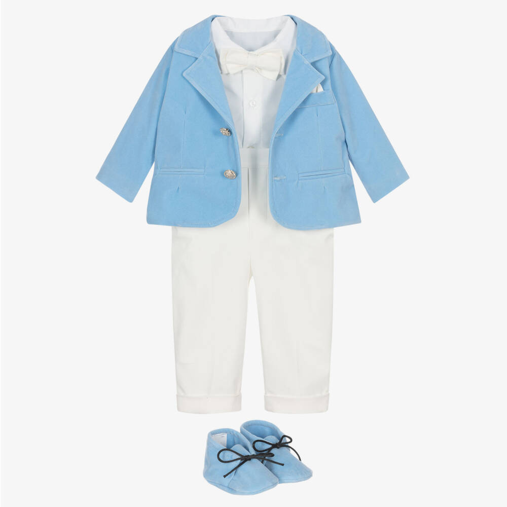 Andreeatex-Baby Boys Pale Blue Velvet & Ivory 5 Piece Suit | Childrensalon