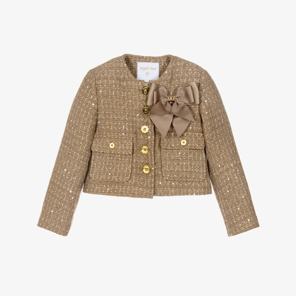 Angel's Face-Girls Beige & Gold Gianna Tweed Jacket with Bow | Childrensalon