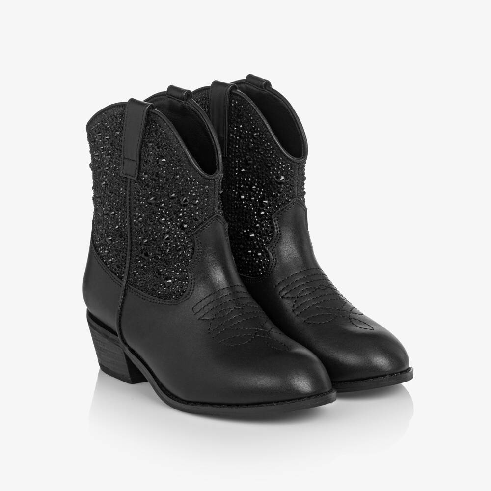 Angel's Face-Girls Black Faux Leather & Crystal Cowboy Boots | Childrensalon