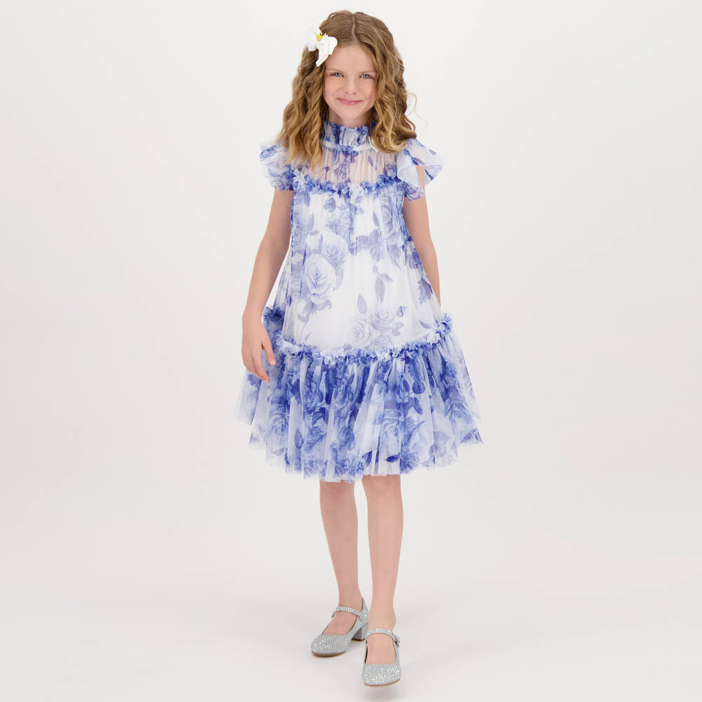 Angel's Face-Girls Blue Floral Tulle Dress with Logo Bow | Childrensalon