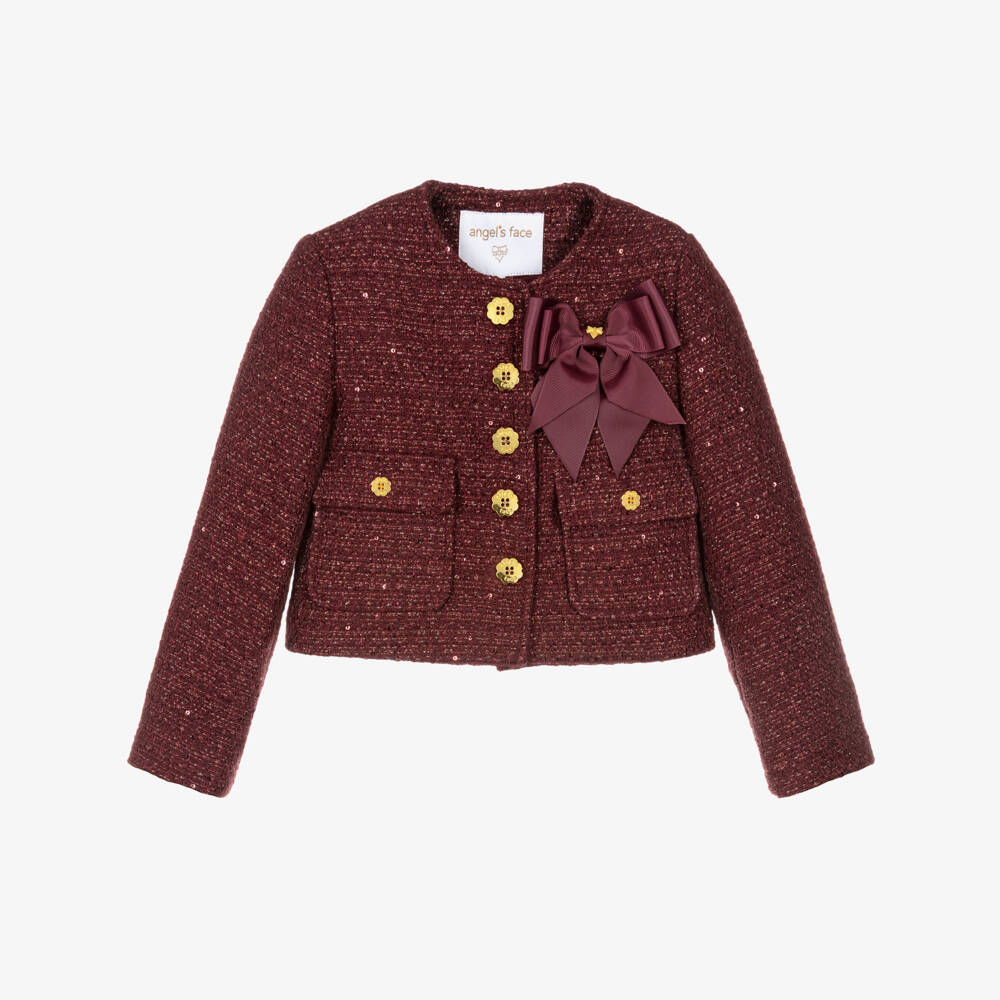 Angel's Face-Girls Burgundy & Gold Gianna Tweed Jacket with Bow | Childrensalon