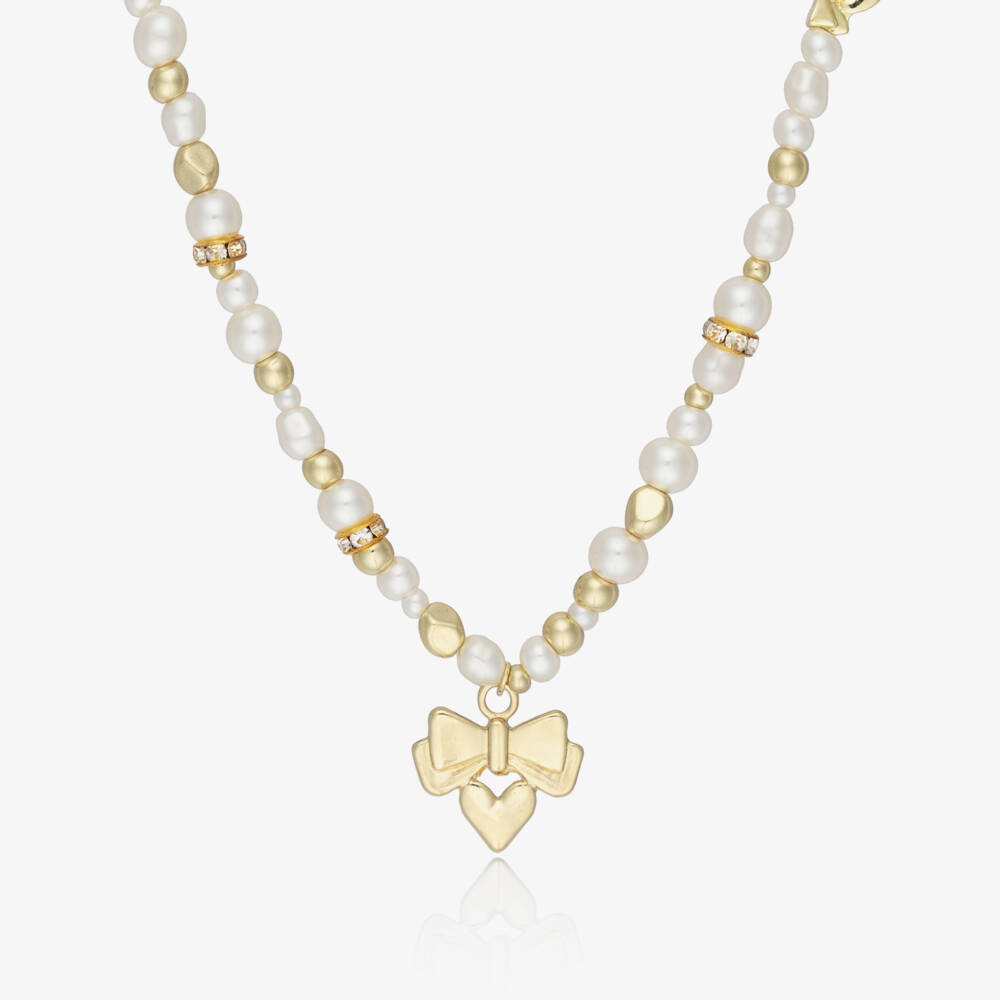 Angel's Face-Girls Ivory Pearl & Gold Logo Bow Necklace (46cm) | Childrensalon