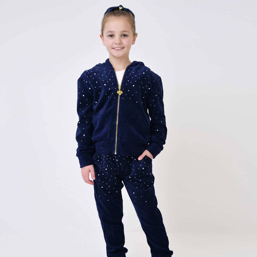 Angel's Face-Girls Navy Blue Velour Tracksuit with Rhinestones | Childrensalon