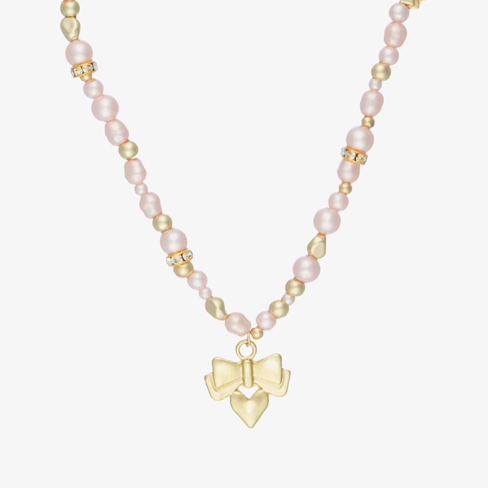 Angel's Face-Girls Pink Pearl & Gold Logo Bow Necklace (46cm) | Childrensalon
