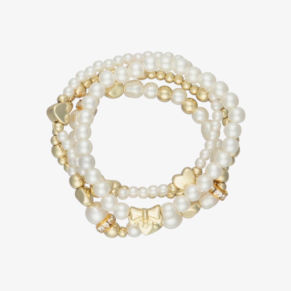 Angel's Face-Girls White Pearl & Gold Heart Logo Charm Bracelets (4 Pack) | Childrensalon