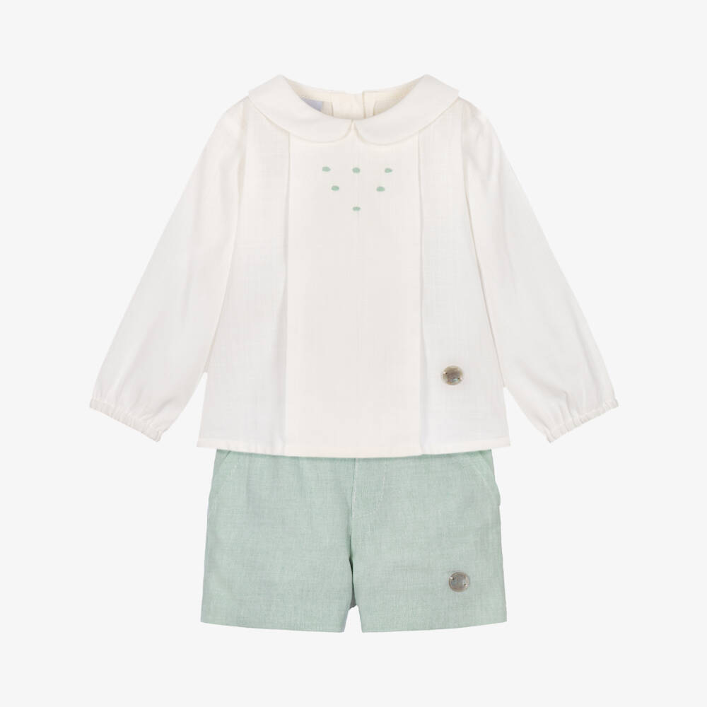 Artesanía Granlei-Baby Boys Ivory & Pale Green Cotton Shorts Set | Childrensalon