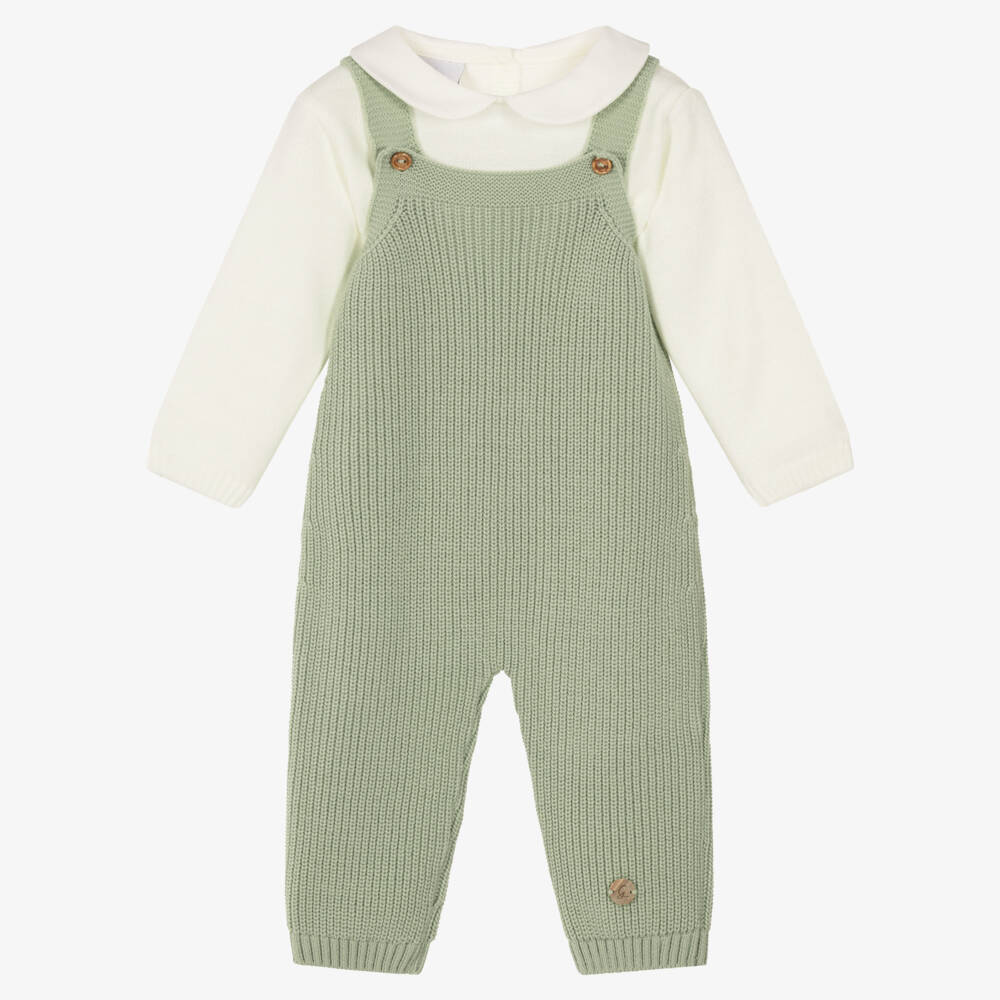 Artesanía Granlei-Baby Boys Pale Green Knitted Dungaree Set | Childrensalon