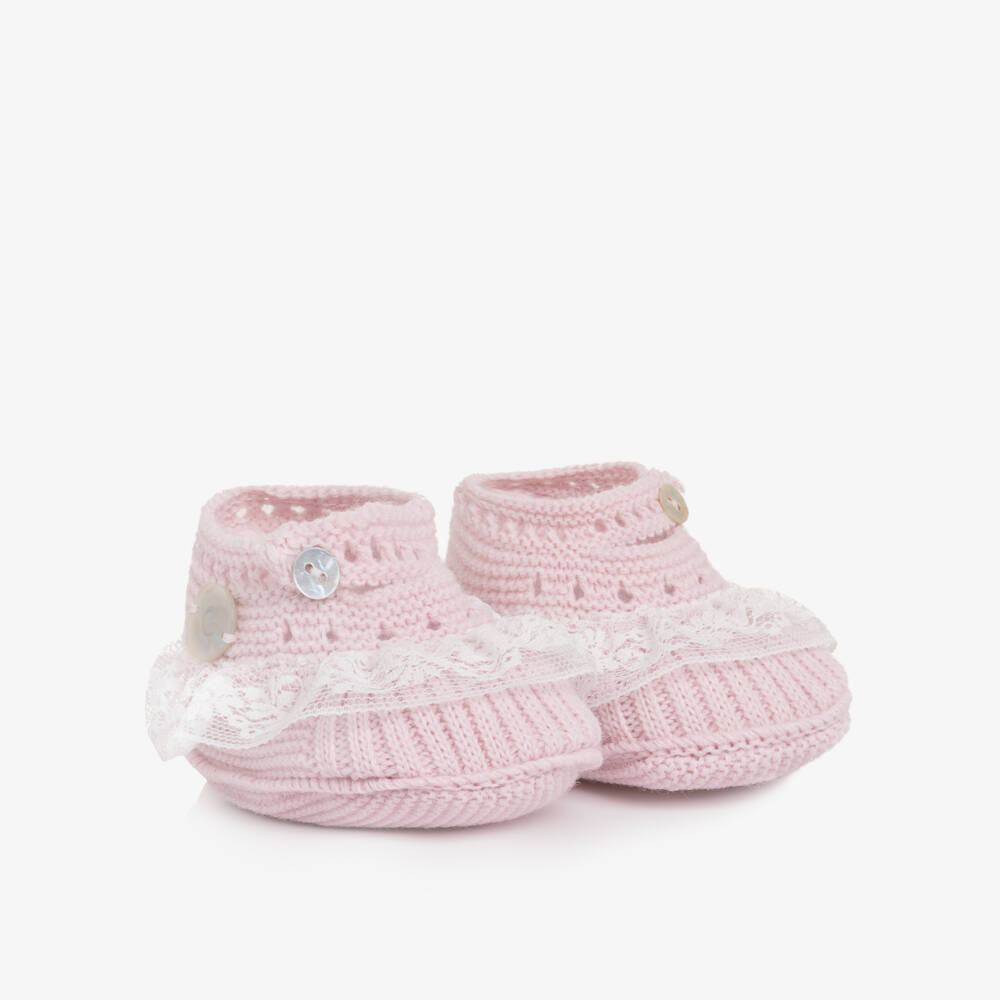 Artesanía Granlei-Baby Girls Pink Knitted Booties with Lace Trim | Childrensalon