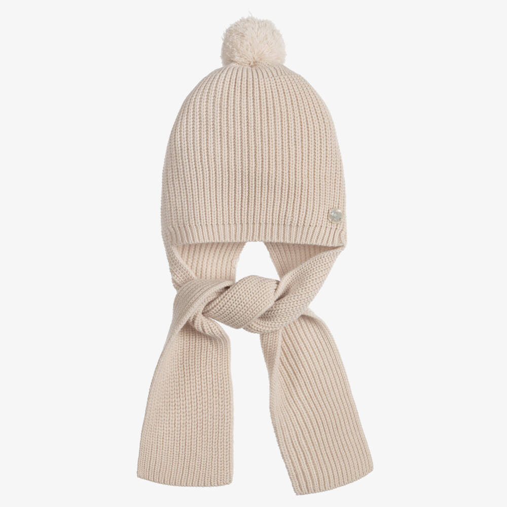 Artesanía Granlei-Beige Knitted Baby Hat with Attached Scarf | Childrensalon