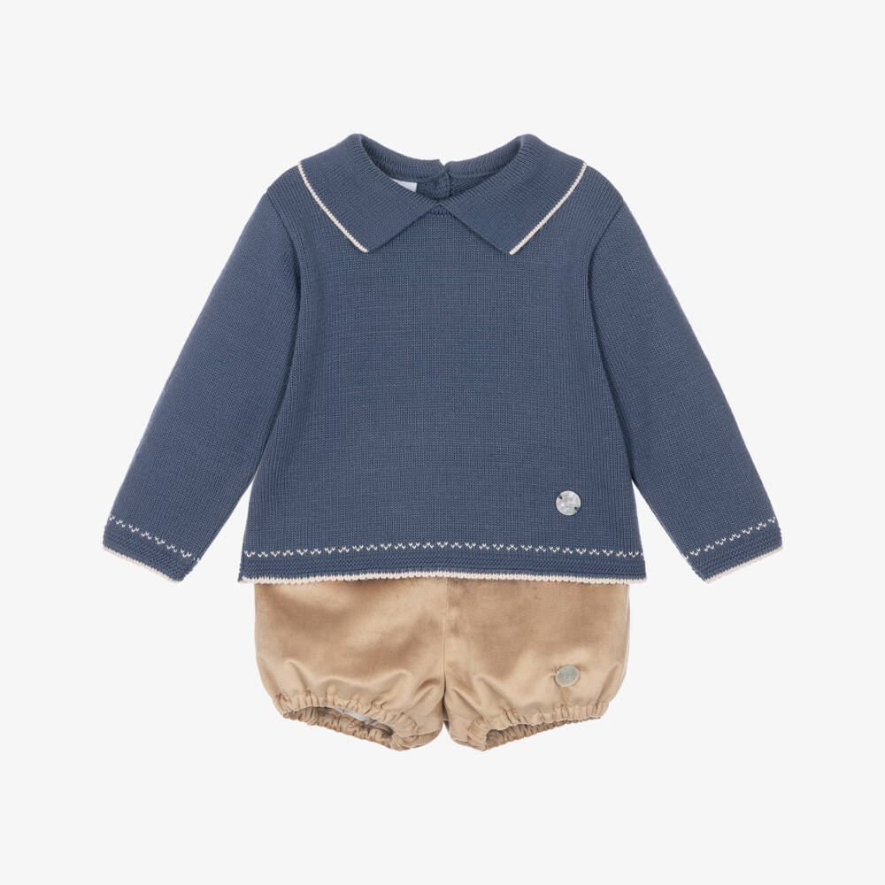 Artesanía Granlei-Boys Blue Knit & Beige Velvet Shorts Set | Childrensalon