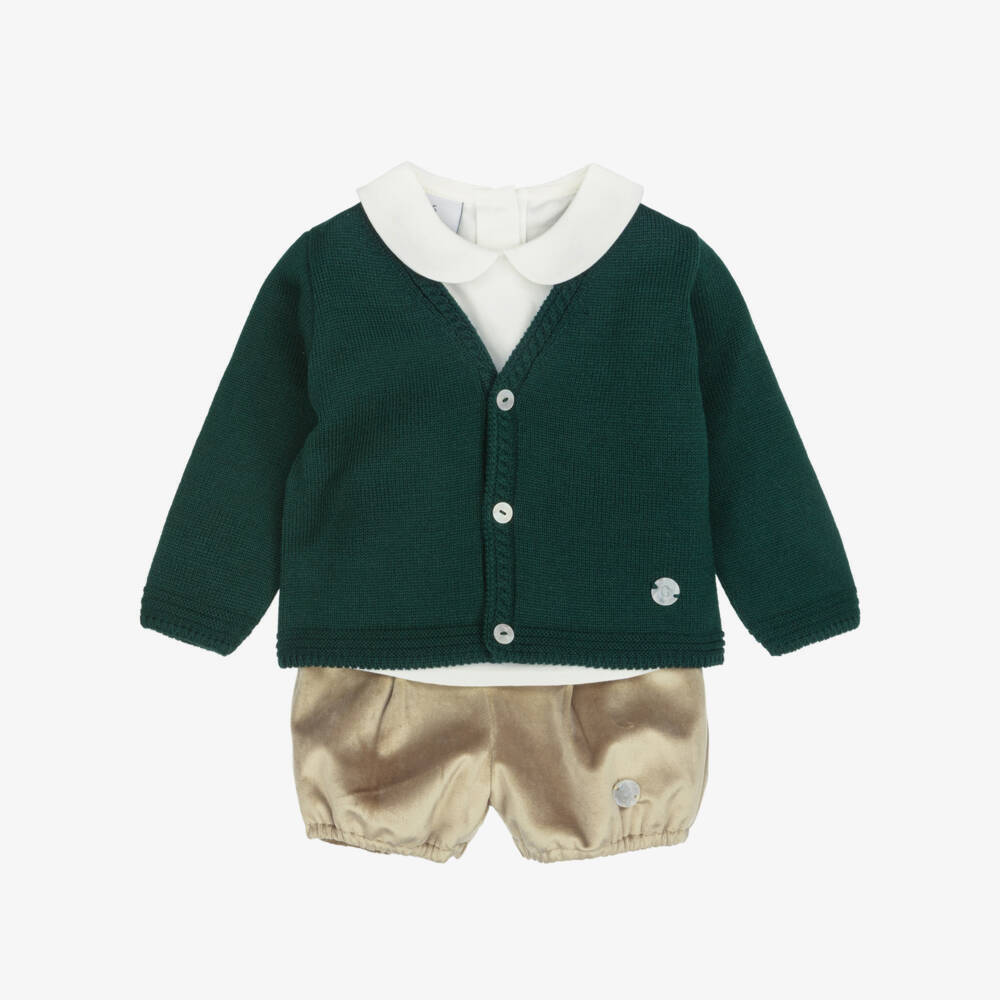 Artesanía Granlei-Boys Green Cardigan & Beige Velvet Shorts Set | Childrensalon