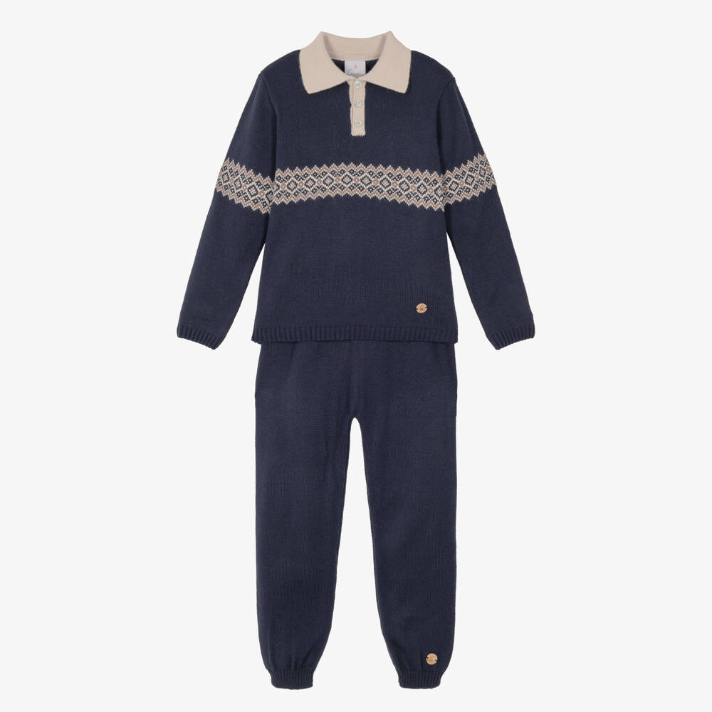 Artesanía Granlei-Boys Navy Blue Knitted Fair Isle Trouser Set  | Childrensalon