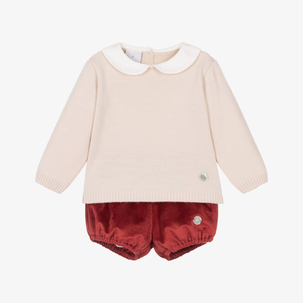 Artesanía Granlei-Boys Pale Beige & Burgundy Velvet Shorts Set | Childrensalon