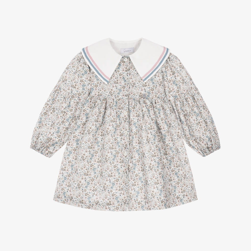 Artesanía Granlei-Girls Blue Floral Cotton Dress with Contrast Collar | Childrensalon
