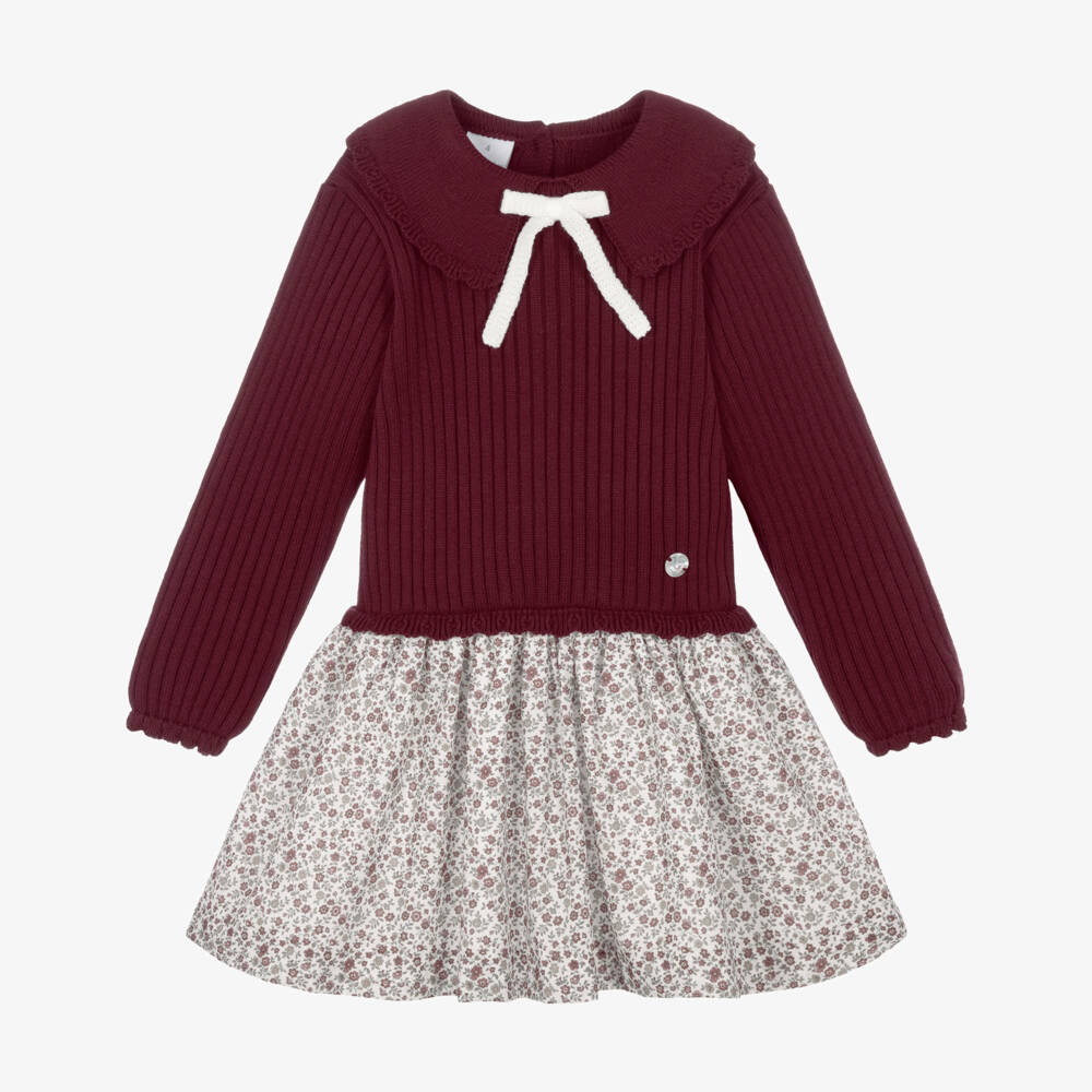 Artesanía Granlei-Girls Burgundy Red Knit & Floral Dress | Childrensalon