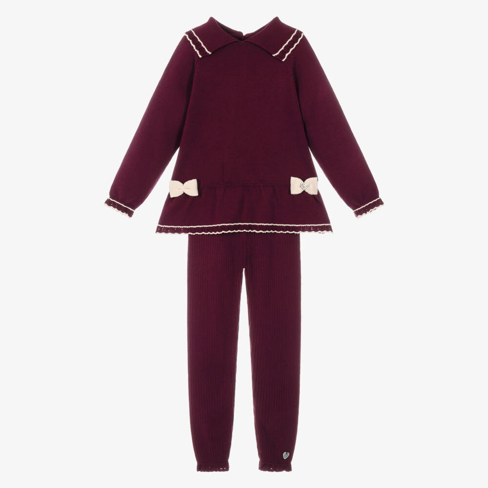Artesanía Granlei-Girls Burgundy Red Knitted Leggings Set with Bows | Childrensalon