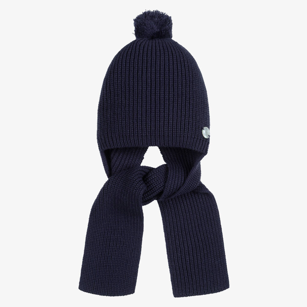 Artesanía Granlei-Navy Blue Knitted Baby Hat with Attached Scarf | Childrensalon