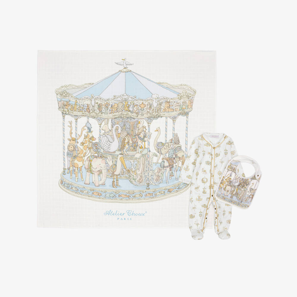 Atelier Choux Paris-Ivory & Blue Cotton Babysuit Gift Set | Childrensalon