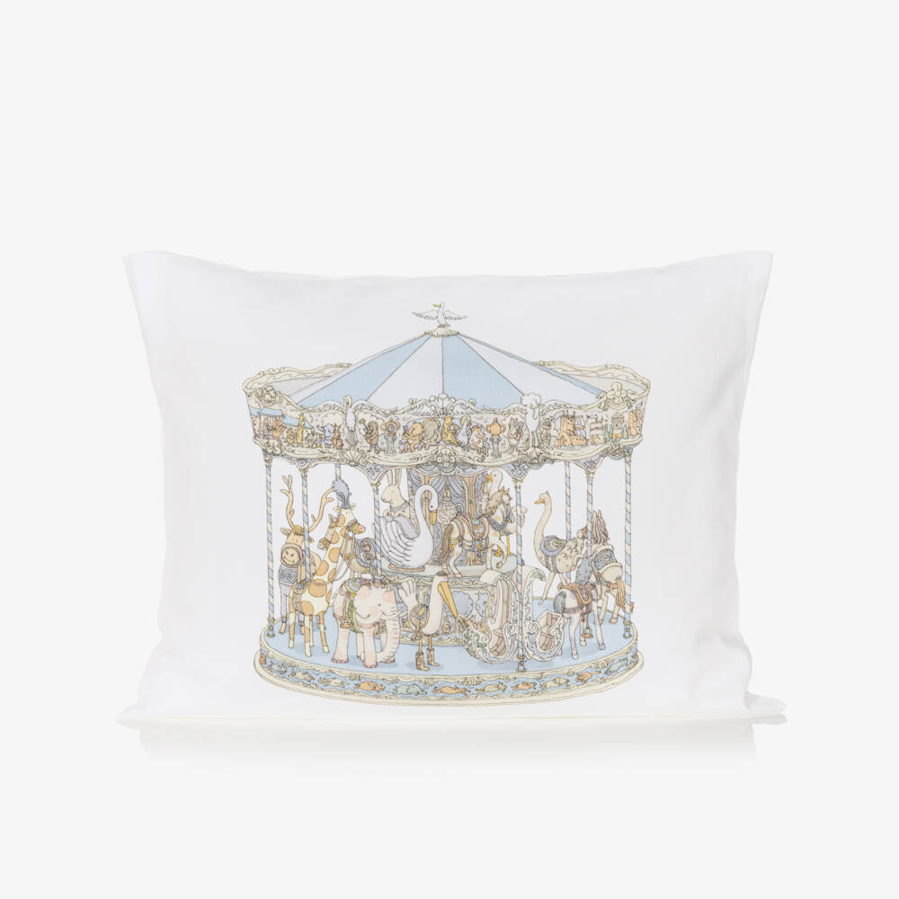 Atelier Choux Paris-Ivory Cotton Sateen Cushion with Blue Carousel (42cm) | Childrensalon