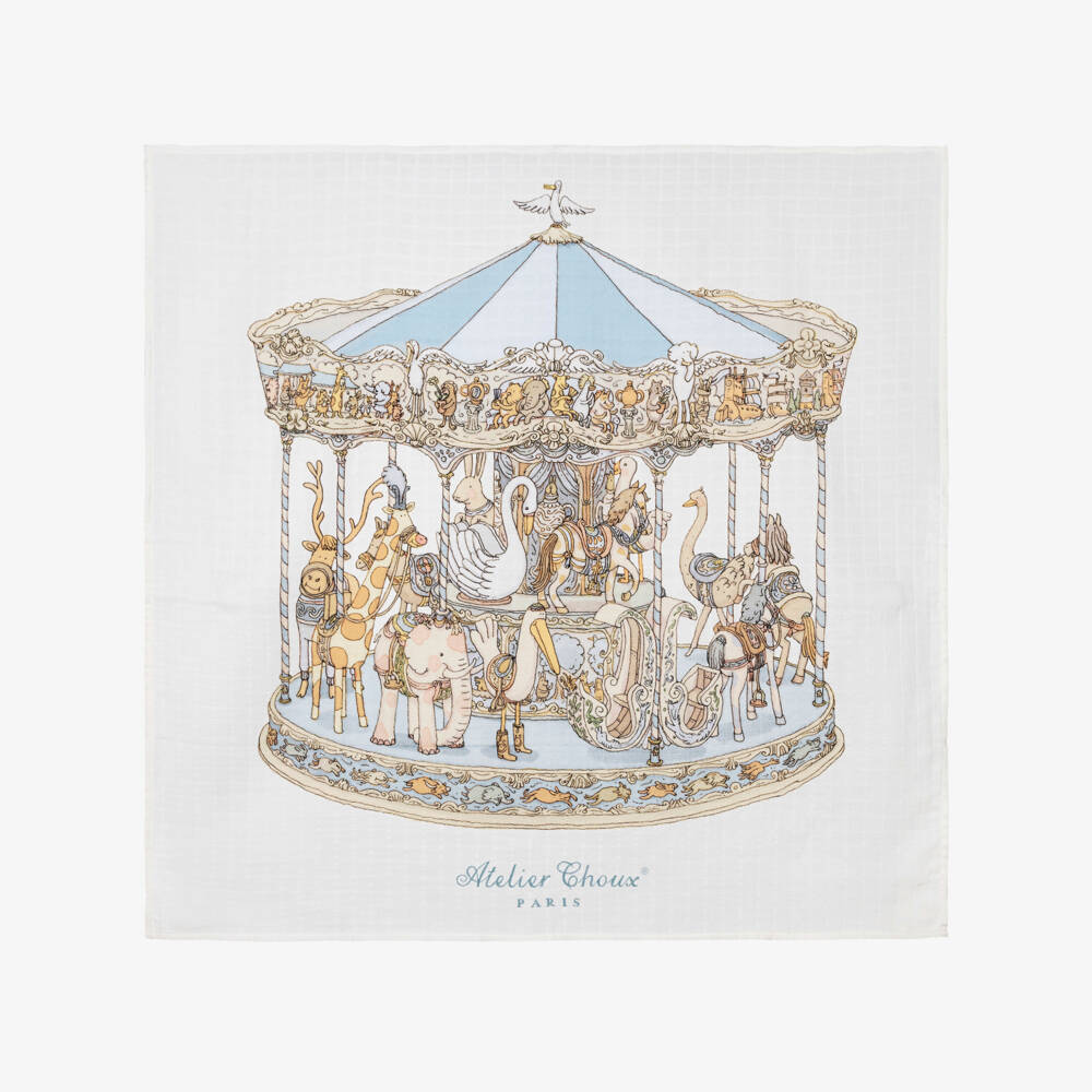 Atelier Choux Paris-White & Blue Carousel Swaddle (97cm) | Childrensalon