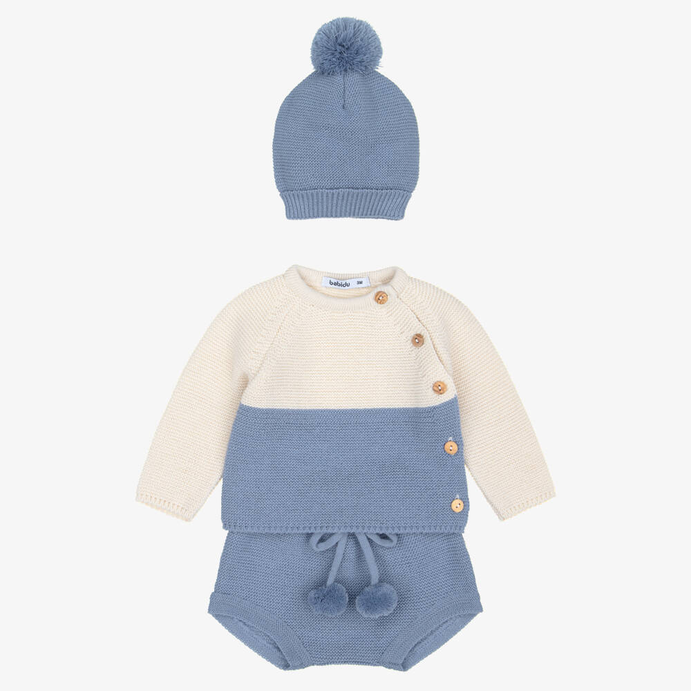 Babidu-Baby Boys Blue & Beige Knitted Shorts Set with Hat | Childrensalon