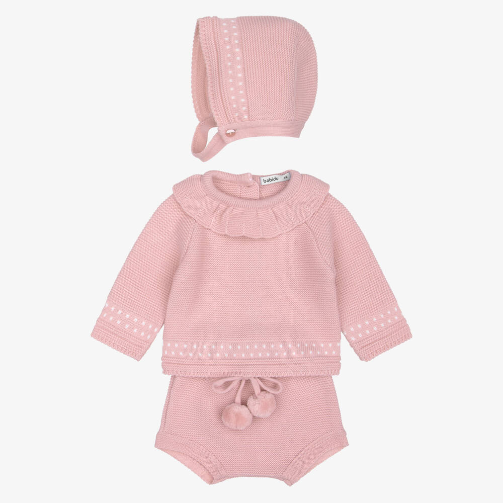 Babidu-Baby Girls Pink Knitted Shorts Set with Bonnet | Childrensalon