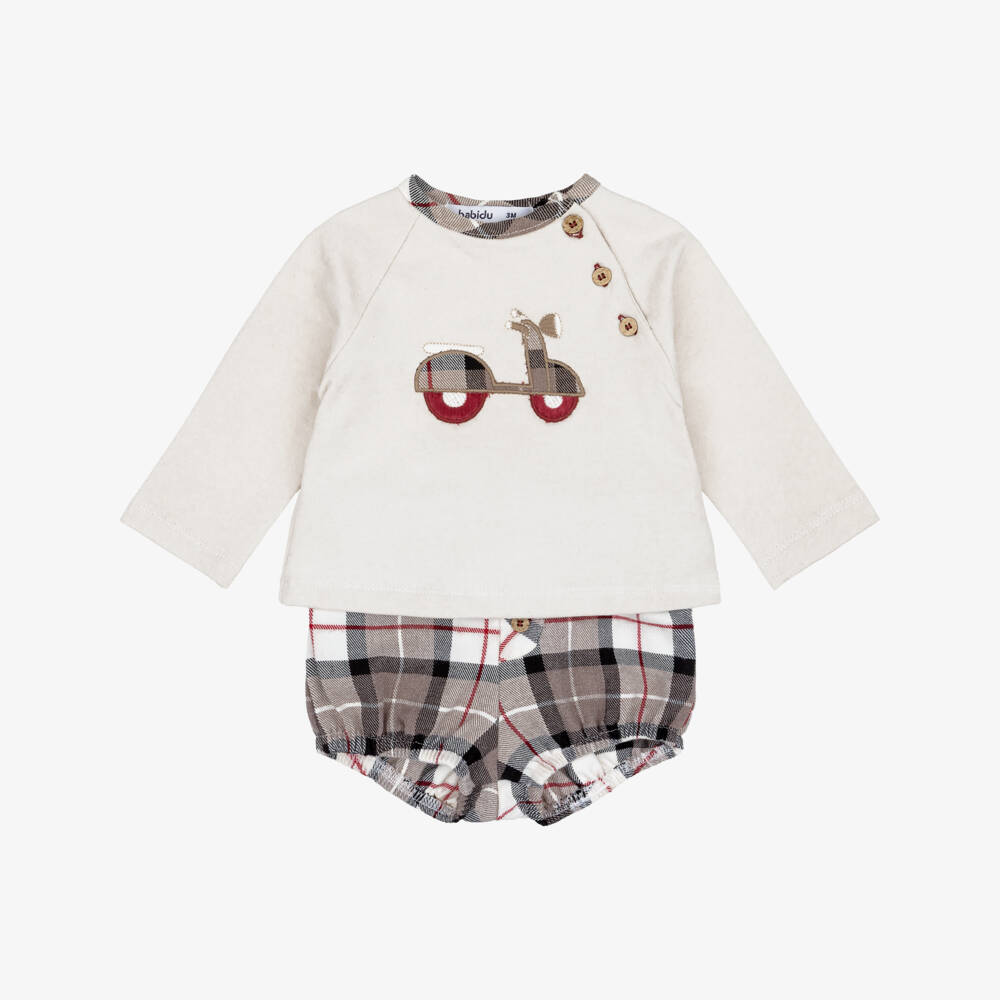 Babidu-Boys Beige Check Shorts Set with Scooter Motif | Childrensalon