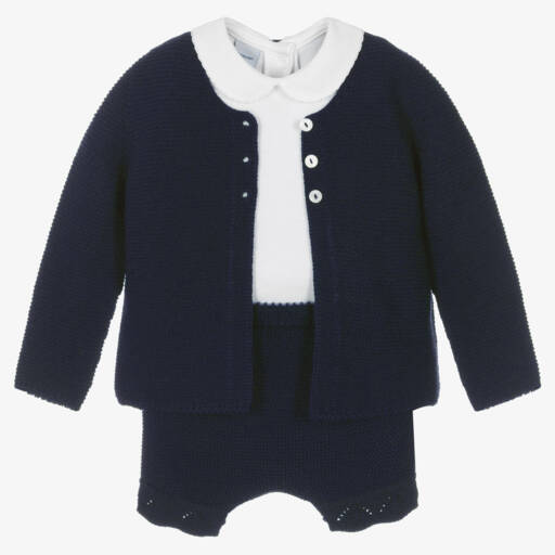 Babidu-Boys Navy Blue Knitted Shorts Set | Childrensalon