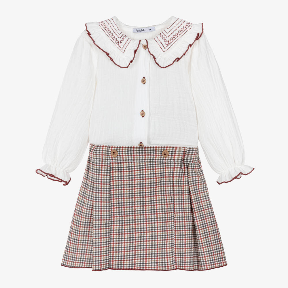 Babidu-Girls Green & Burgundy Checked Skirt Set | Childrensalon