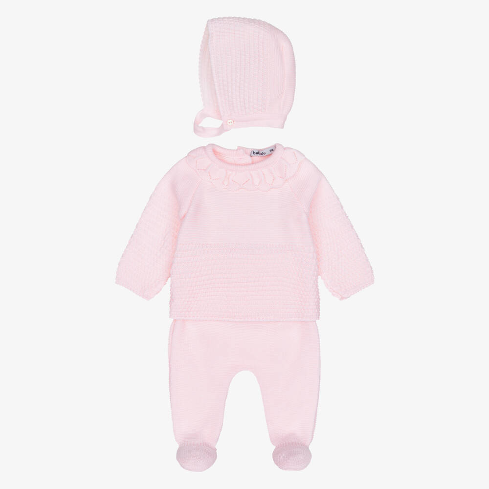 Babidu-Girls Pink Babysuit Set with Knitted Bonnet | Childrensalon
