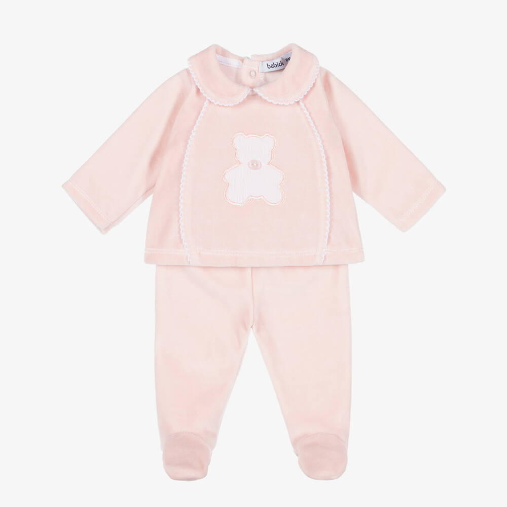 Babidu-Girls Pink Velour 2 Piece Babygrow with Teddy Motif | Childrensalon