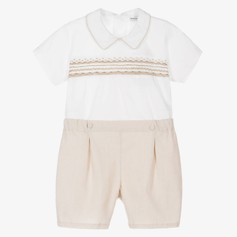 Beatrice & George-Boys Beige Hand-Smocked Cotton Buster Suit | Childrensalon