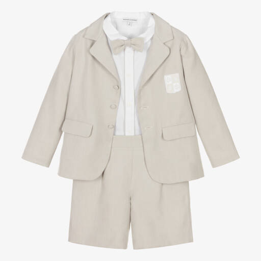 Beatrice & George-Boys Beige Herringbone Cotton Shorts Suit | Childrensalon
