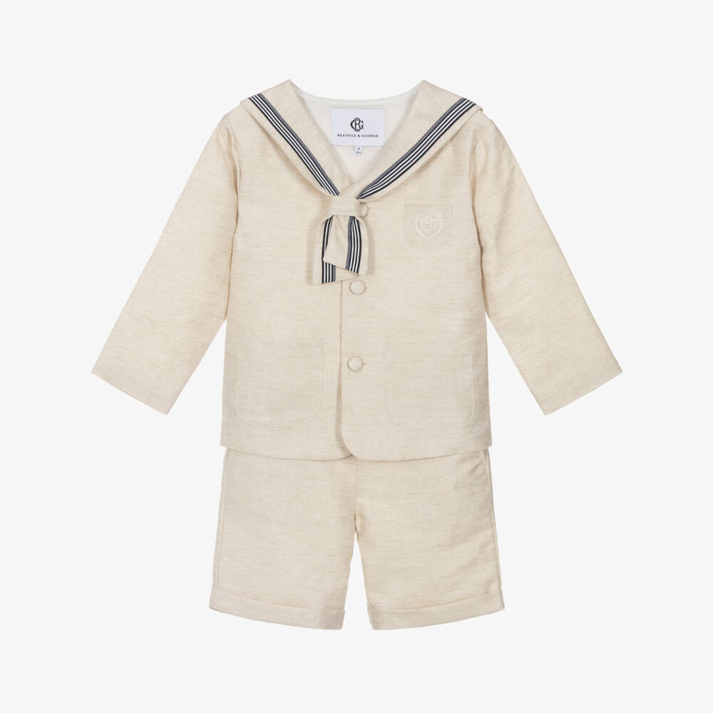 Beatrice & George-Boys Beige Linen Sailor Suit | Childrensalon