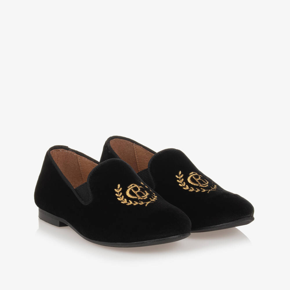 Beatrice & George-Boys Black Velvet Monogram Loafers | Childrensalon